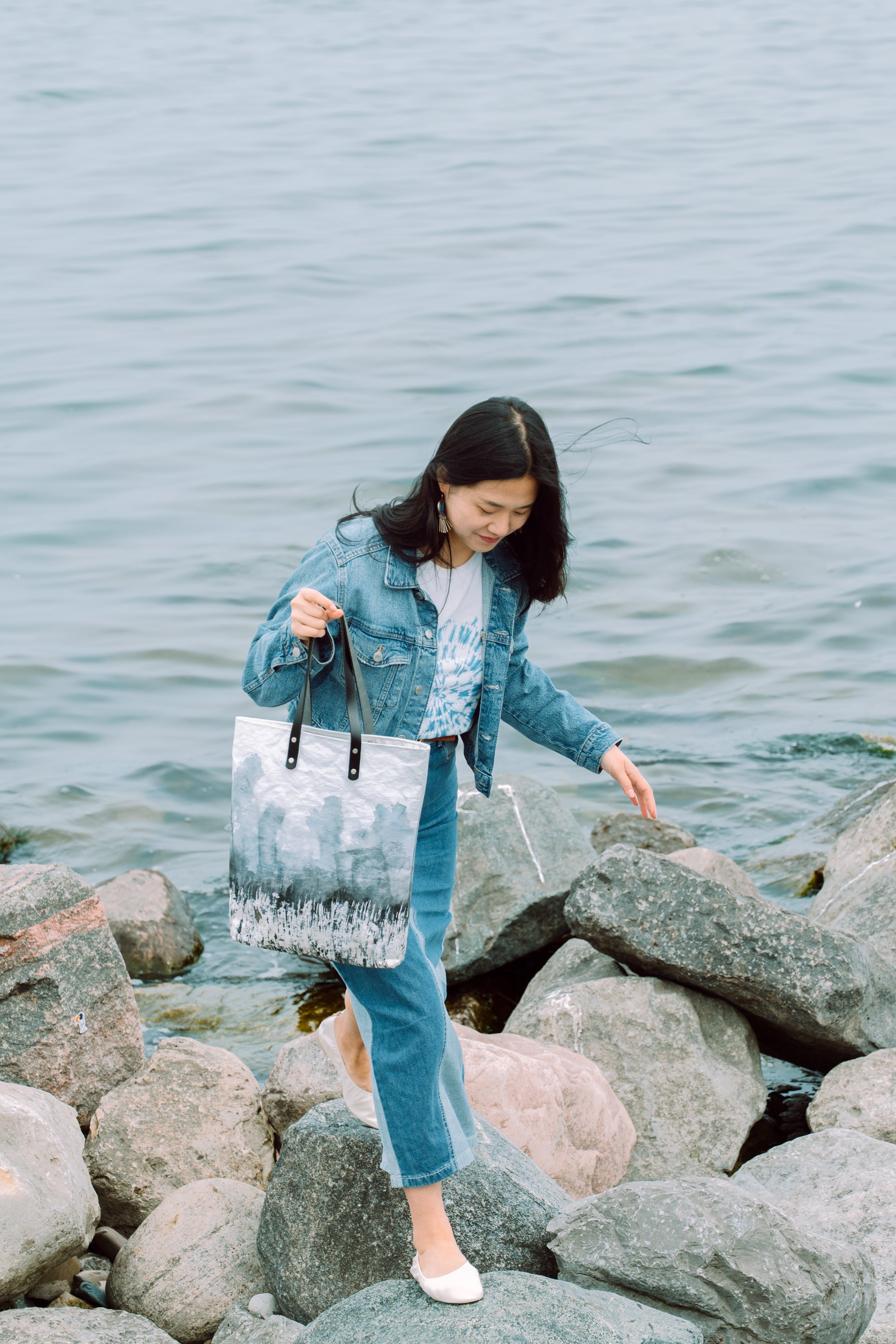 Hand-Painted Batik Tote: “Mist Over Water” by Wang Yan